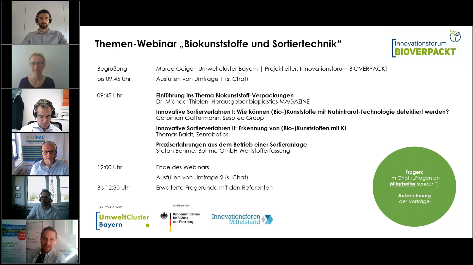 Spannende Impulse im Themen-Webinar (v.o.n.u.): Corbinian Gattermann (Sesotec Group), Laura Jantz-Klinkner (Umweltcluster Bayern), Thomas Baldt (Zenrobotics), Dr. Michael Thielen (bioplastics MAGAZINE), Stefan Böhme (Böhme GmbH), Marco Geiger (Umweltcluster Bayern). Screenshot: Umweltcluster Bayern.